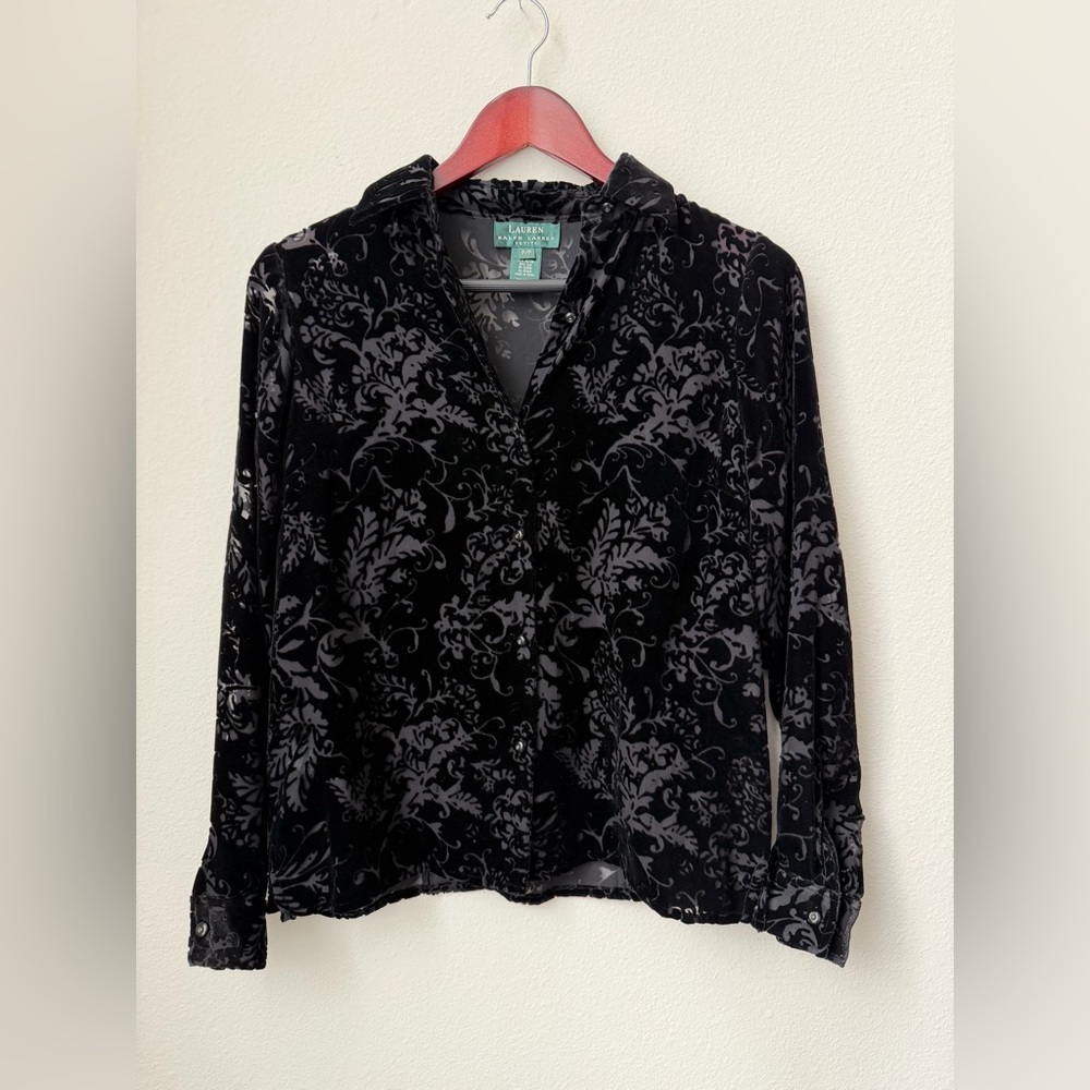 Lauren Ralph Lauren Vintage Black Velvet Semi Sheer Blouse Petite P Fits XS/S